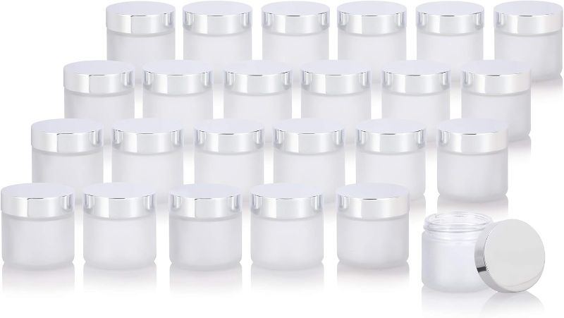 Photo 1 of 24 pack) 2 oz Clear Frosted Glass Jar with Silver Metal Overshell Lid

