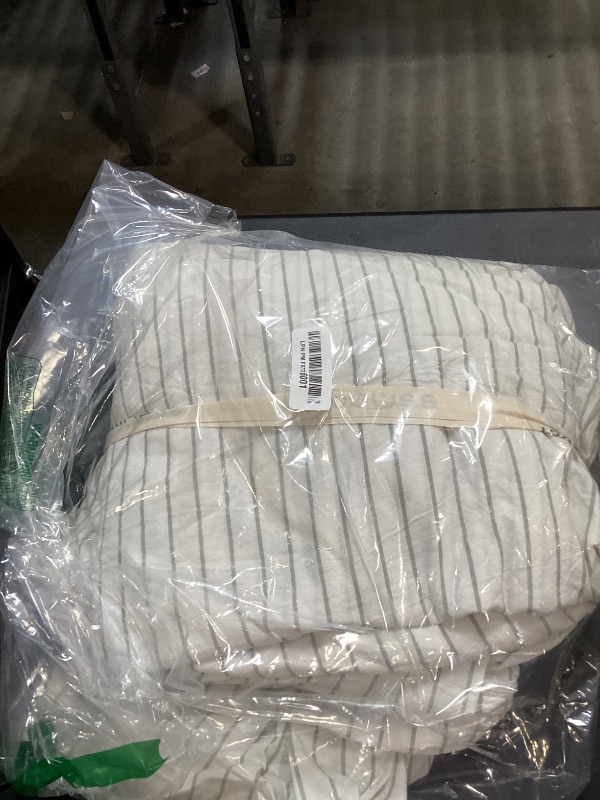 Photo 1 of MooMee Striped Duvet Cover Set 100% Washed Cotton Linen Like Textured Breathable Durable Soft Comfy (White Sage Green Wide Stripes, Oversized Queen 98"x98")