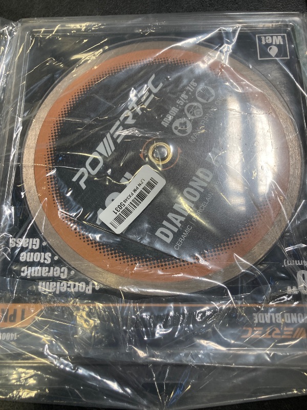 Photo 1 of POWERTEC 10" Continuous Rim Diamond Saw Blade for Wet Tile Saw, Diamond Blade for Cutting Ceramic, Porcelain, Natural Stone Tile, Wet Cutting Only 10 inch Diamond Blades, 1 Pack (14009)