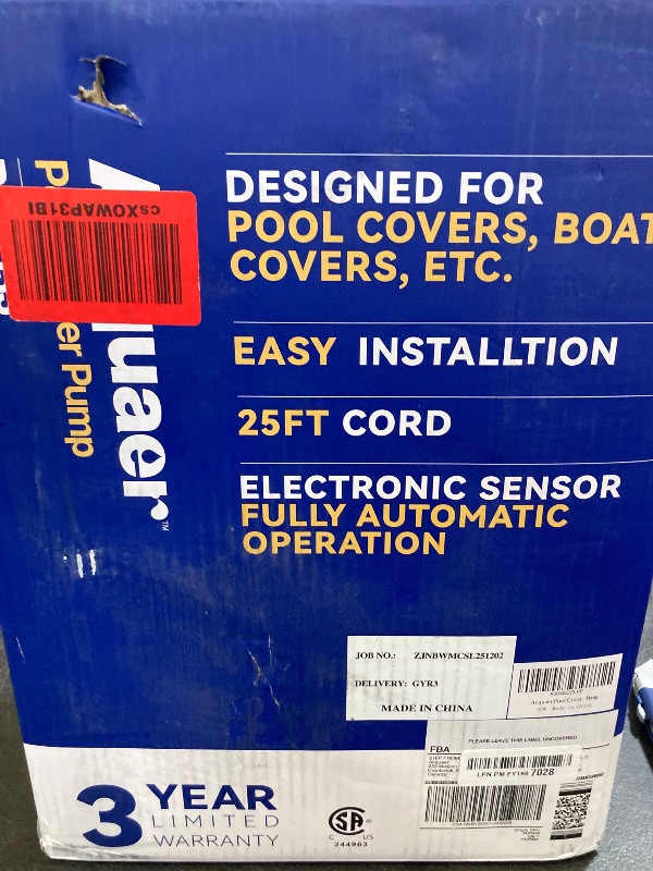 Photo 1 of Acquaer Automatic Swimming Pool Cover Pump, Submersible Sump Pump with 3/4” Check Valve Adapter & 25ft Power Cord, Water Removal for Pool, Hot Tubs, Rooftops, Water Beds and More, 1/3 HP 2950 GPH