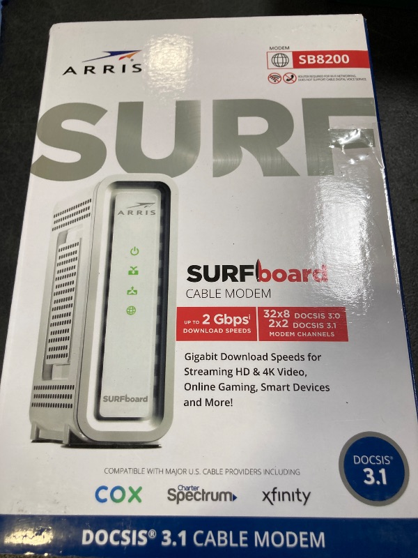 Photo 1 of ARRIS SURFboard SB8200 DOCSIS 3.1 Multi?Gig Cable Modem | 2 -1Gbps Ethernet Ports | Works with Xfinity, Cox, Spectrum | For Cable Internet Plans up to 2Gbps | Modem Only, Router Required
