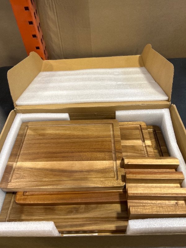 Photo 1 of 3 Pcs Acacia Wood Cutting Board Set with Holder Stand Meat Chopping Board Set Large Charcuterie Boards Solid Wooden Cutting Boards for Kitchen Decor Carving Butcher Block Bread Serving Cheese Board