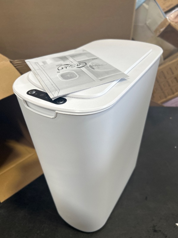 Photo 1 of Cesun Motion Sensor Trash Can, 5 Gallon Automatic Bathroom Garbage Can with Lid, Touchless Smart Plastic Slim Wastebasket for Bathroom, Office, rv, Bedroom, Living Room, White