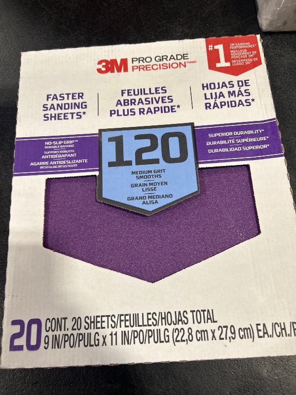 Photo 1 of 3M Pro Grade No-Slip Grip Advanced Sandpaper, 120 Grit, 9" x 11" Sheets – 20-Pack for Wood, Metal, and Paint Surfaces
