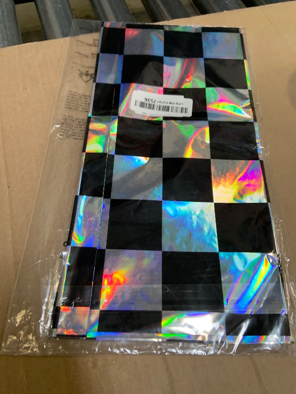 Photo 1 of 1Pack Black and Iridescent Checkered Plastic Tablecloth, Shiny Disposable Laser Rectangle Table Covers, Holographic Foil Tablecloth Iridescent Party Decorations for Picnic Camping Race Car, 54x108Inch
