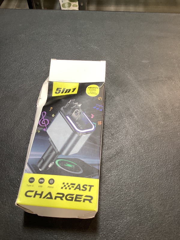 Photo 1 of 5-in-1 120W 30-Minutes Fast Flash Charging Retractable Car Charger, Wireless Bluetooth FM Transmitter, Type-C+USB-A Car Charger Adapter, Compatible with iPhone 17/16/15/14/13 Pro Max & Android Devices