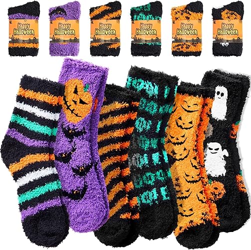 Photo 1 of ****REFERENCE PICTURE*** Geyoga 6 Pairs Halloween Fall Fuzzy Socks with Cards for Womens Thick Cozy Fluffy Socks Trick-or-treat Warm Gifts