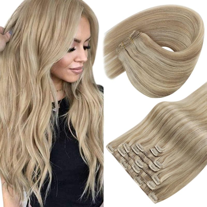 Photo 1 of ****REFERENCE PICTURE****Sunny Hair Clip in Hair Extensions Straight Human Hair Clip in Extensions Remy Clip in Hair Extensions Real Human Hair Extensions Clip ins Golden Blonde Highlights Light Blonde 18inch
