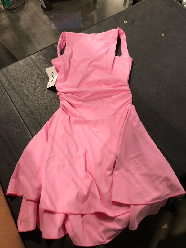 Photo 1 of ** HAS A HOLE **
Kaximil Women's Square Neck Ruffle Hem Mini Dress Ruched Waist Short Party Dresses, Small, Pink