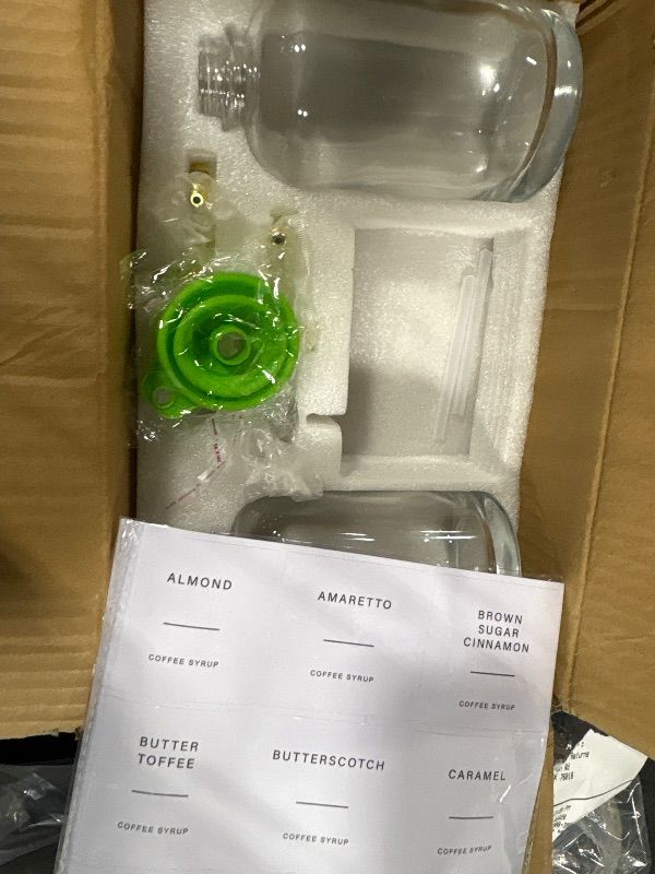 Photo 1 of **MISSING JAR**
Forhaodejia Coffee Bar Accessories, Coffee Syrup Dispenser-2 Pcs16.9 oz, Syrup Pump Dispenser for Coffee Bar, with Glass Bamboo Lid Jar with Spoon, Gold Pump Syrup Dispenser with Labels