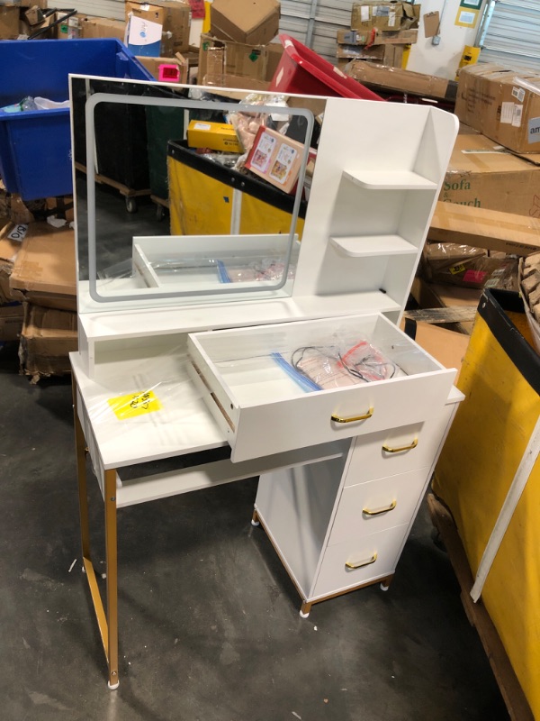 Photo 1 of ** MIRROR LIGHT DOES NOT WORK**
COMHOMA Vanity Desk with Mirror and Lights, Makeup Vanity Table with 4 Drawers & Storage Shelves, Large HD Mirror, 3 Color Modes & Adjustable Brightness, Modern Dressing Table for Bedroom, Pearl White