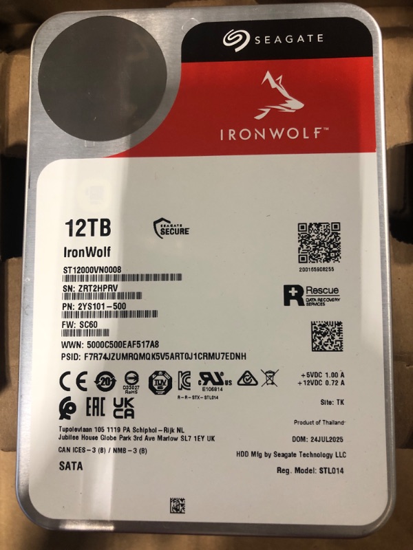 Photo 1 of **** S/N ZRT2HPRV **** Seagate IronWolf 12TB NAS Internal Hard Drive HDD – CMR 3.5 Inch SATA 6Gb/s 7200 RPM 256MB Cache for RAID Network Attached Storage (ST12000VNZ008/ST12000VN0008)