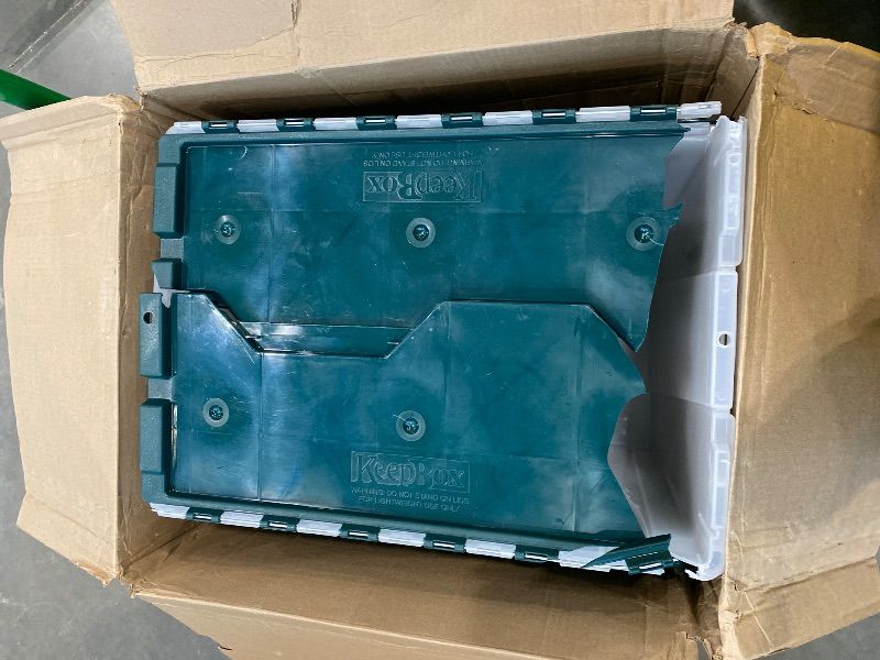 Photo 1 of *See Clerk Notes*
Akro-Mils KeepBox 18 Gallon Storage Container, Nesting and Stackable Plastic Storage Box with Lid Attached, Clear Tote for Garages, Closets, and Moving, 21" x 15" x 17", Clear/Green, 3-Pack