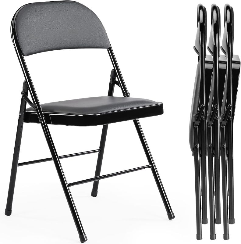 Photo 1 of ****RETAIL PRICE $62.99**** Sweetcrispy Folding Chair 4 Pack, Leather Padded Folding Chairs, Sturdy Metal Foldable Chairs, Easy to Use and Store, Otdoor and Indoor, for Home, Office, Party, Comfy, Black