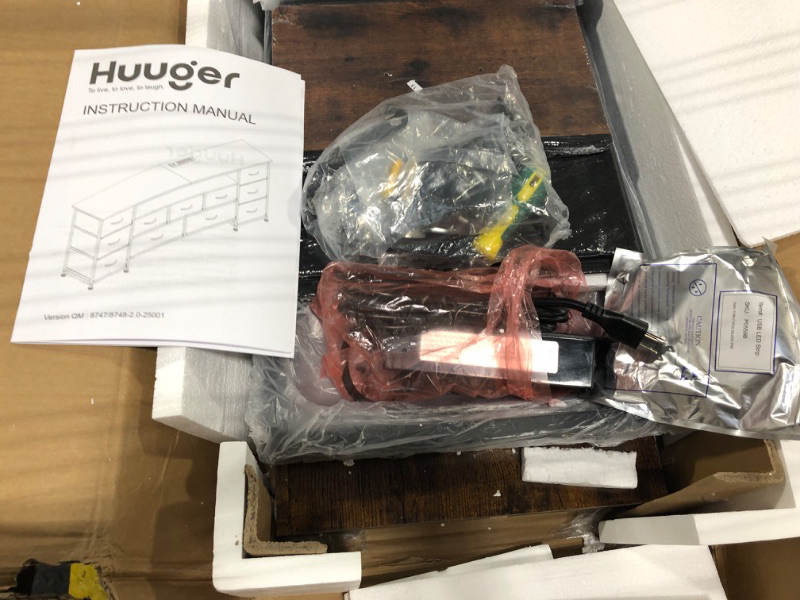 Photo 1 of ****FACTORY SEALED***Huuger 70 Inch TV Stand for 75, 80 Inch TV, 11 Drawer Long Dresser with Power Outlets and LED Lights, Entertainment Center with Storage, Rustic Brown Dresser with Printed Surface