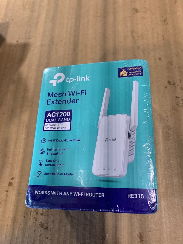 Photo 1 of *** NEW FACTORY SEALED*** TP-Link AC1200 WiFi Extender, 2025 Wirecutter Best WiFi Extender, 1.2Gbps Home Signal Booster, Dual Band 5GHz/2.4GHz, Up to 1600 Sq.ft and 32 Devices, EasyMesh Compatible, One Ethernet Port (RE315)