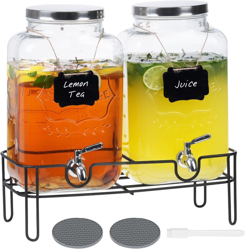 Photo 1 of ** 4 PACK**Moretoes 2 Gallon Glass Drinks Dispenser for Parties, 2 PACK Beverage Dispenser with Stand for Juice and Iced Tea, Water Jug Dispenser for Lemonade, Party Essential Beverage Pitcher with Spout
