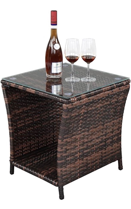 Photo 1 of *** SIMILAR IMAGE UNKNOWN SIZE OR MODEL***Rattan End Table Side Table, Glass Rattan Coffee Table for Outdoor Backyard Lawn Balcony Pool Square Tempered Glass Top Wicker Rattan End Table Furniture with Storage (Brown5