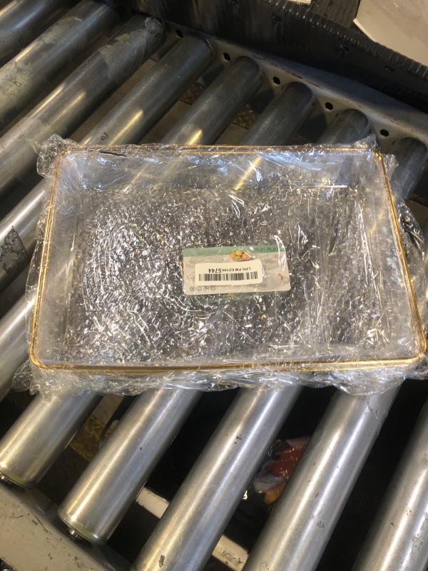 Photo 1 of Cididu 4 Pack Clear Serving Trays, Deep Serving Platters Rectangle 12'' x 8'', Decorative Tray with Gold Rim, Reusable Plastic Tray Organizer for Coffee Table Pantry Party Food Display Spill Proof