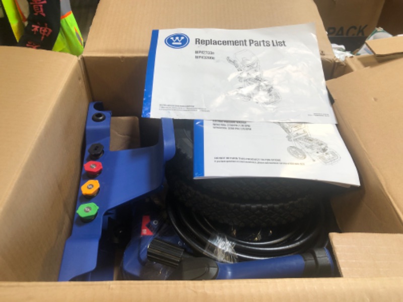 Photo 1 of Westinghouse WPX3200e Electric Pressure Washer, 3200 PSI and 1.76 Max GPM, Induction Motor, Onboard Soap Tank, Spray Gun and Wand, 5 Nozzle Set, for Cars/Fences/Driveways/Homes/Patios/Furniture, Blue