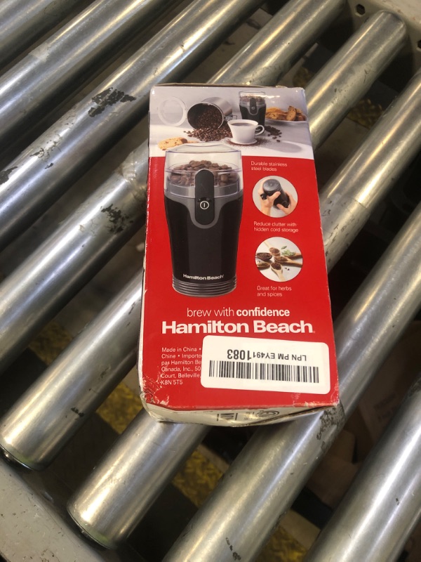 Photo 1 of Hamilton Beach Fresh Grind Electric Coffee Grinder for Beans, Spices and More, Stainless Steel Blades, Removable Chamber, Makes up to 12 Cups, Black