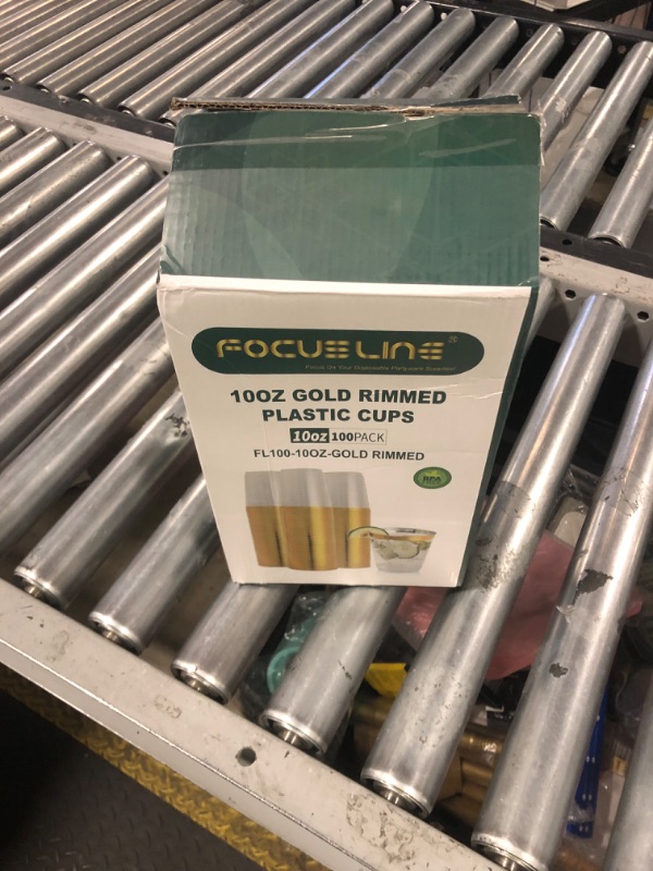 Photo 1 of FOCUSLINE 10 oz Gold Plastic Cups, Disposable Clear Fancy Hard Plastic Cups, Gold Rimmed, Heavy Duty, Reusable,100 Count