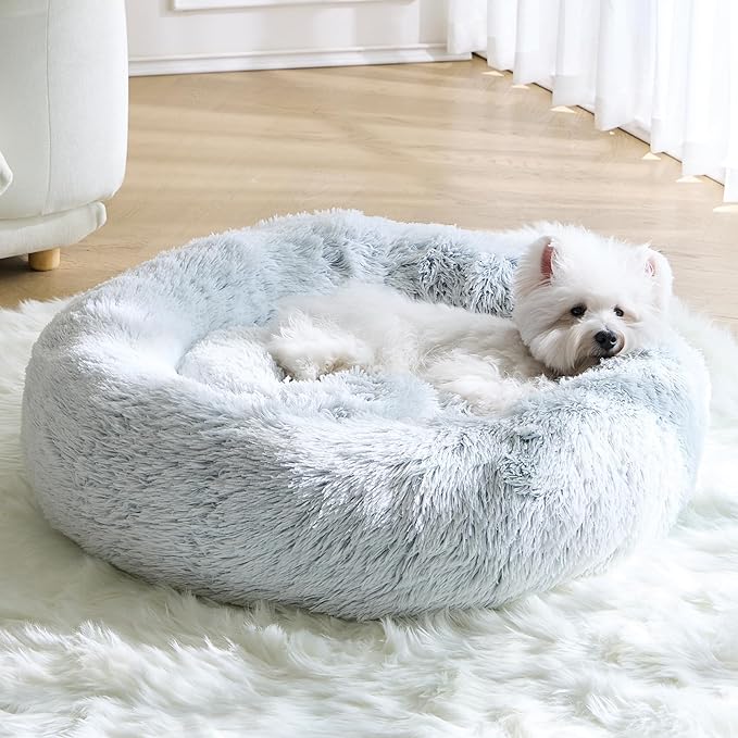 Photo 1 of Small Calming Dogs Bed for Small Dogs Anti-Anxiety Machine Washable Fluffy Luxury Anti-Slip Waterproof Mute Base Warming Cozy Soft Pet Puppy Round Bed