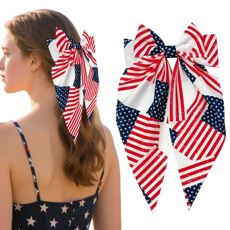 Photo 1 of 4th of July Hair Bow Clips for Women Big Bows for Girls Independence Day Party Hair Clips Silk Ribbon Barrettes Fourth of July Accessories Red White and Blue Clip American Flag Hair Accessories 1Pcs