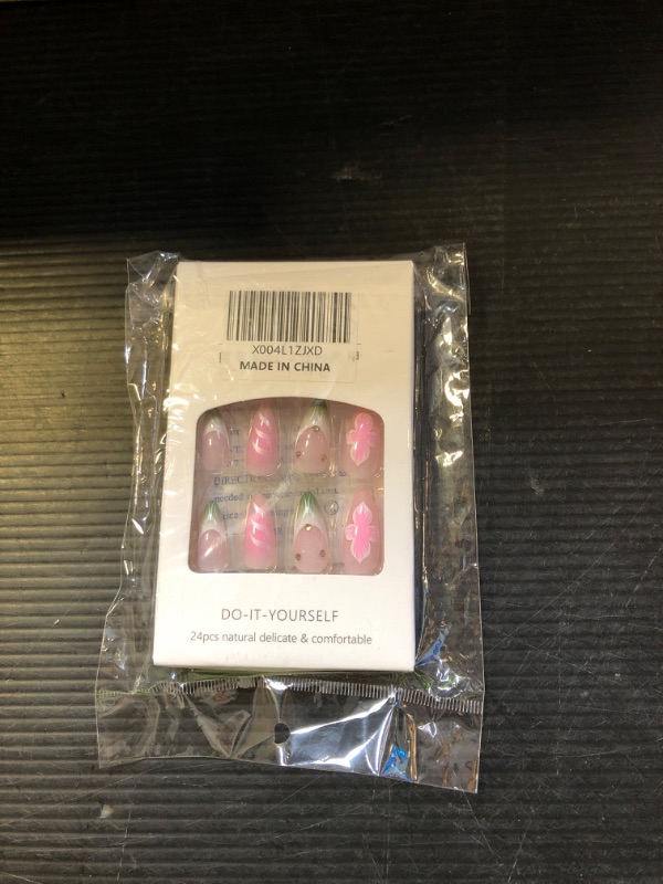 Photo 1 of Almond Press on Nails Medium Pink Fake Nails with Floral Design Spring Flower False Nails Green Pink French Tip Nails 3D Gel Acrylic Nails Cute Glue on Nails Cherry Stick on Nails for Women 24Pcs