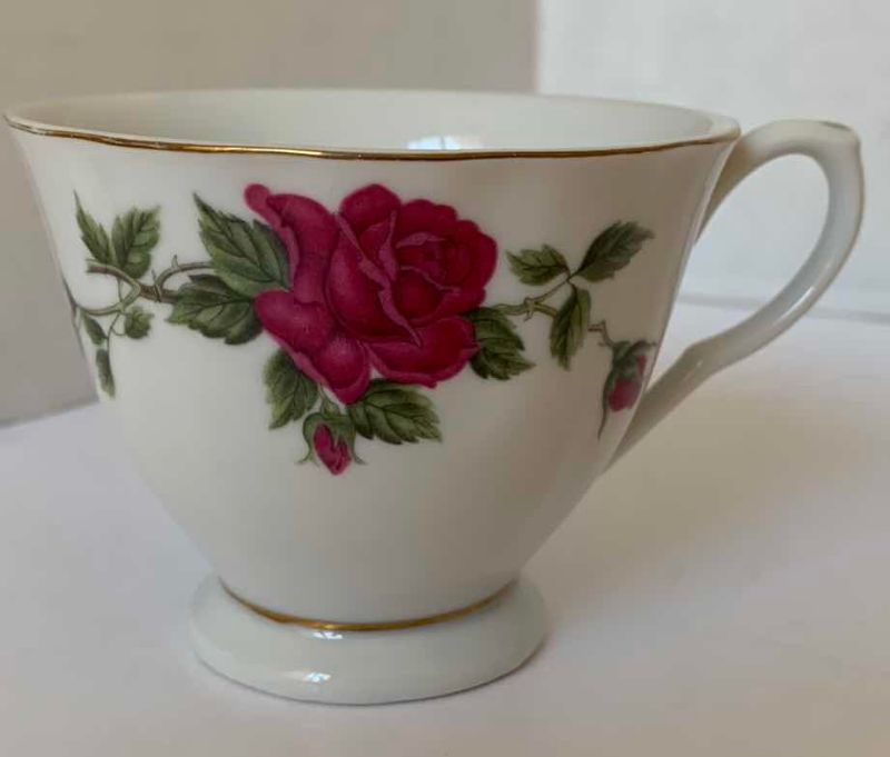 Photo 1 of CHINA TEA CUP & SAUCER SET WITH “COTTAGE ROSE” BONE CHINA SMALL PITCHER