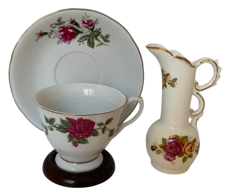 Photo 1 of CHINA TEA CUP & SAUCER SET WITH “COTTAGE ROSE” BONE CHINA SMALL PITCHER