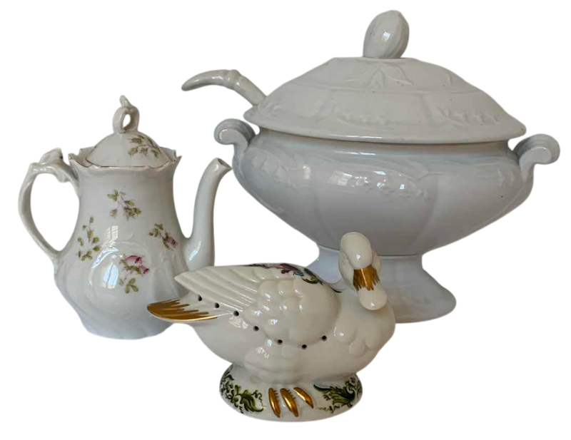 Photo 1 of PORCELAIN SAUCE DISH 7”H, SMALL TEA POT & POTPOURRI DUCK