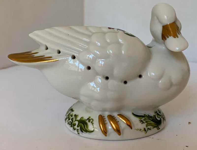 Photo 1 of PORCELAIN SAUCE DISH 7”H, SMALL TEA POT & POTPOURRI DUCK