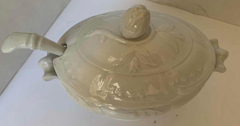Photo 1 of PORCELAIN SAUCE DISH 7”H, SMALL TEA POT & POTPOURRI DUCK