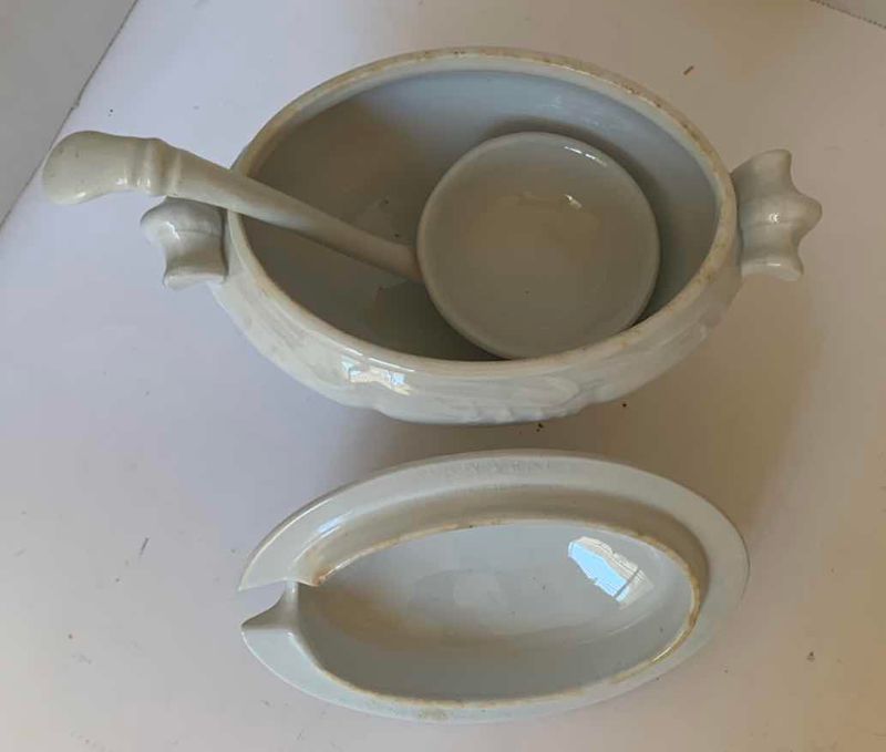 Photo 1 of PORCELAIN SAUCE DISH 7”H, SMALL TEA POT & POTPOURRI DUCK