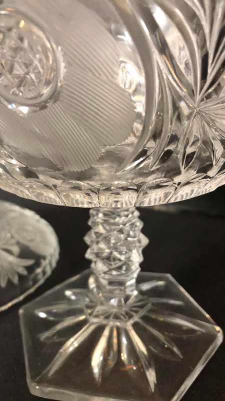Photo 1 of VINTAGE CUT ETCH LEAD CRYSTAL CLEAR GLASS COVERED PEDESTAL COMPOTE BOWL 12”