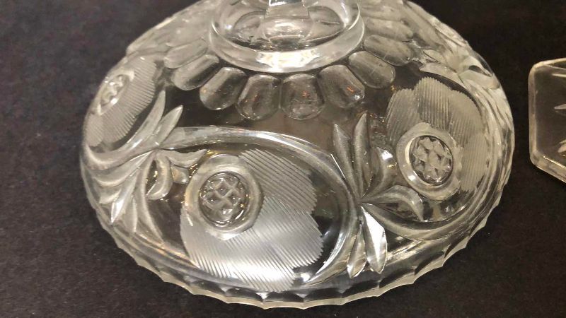 Photo 1 of VINTAGE CUT ETCH LEAD CRYSTAL CLEAR GLASS COVERED PEDESTAL COMPOTE BOWL 12”