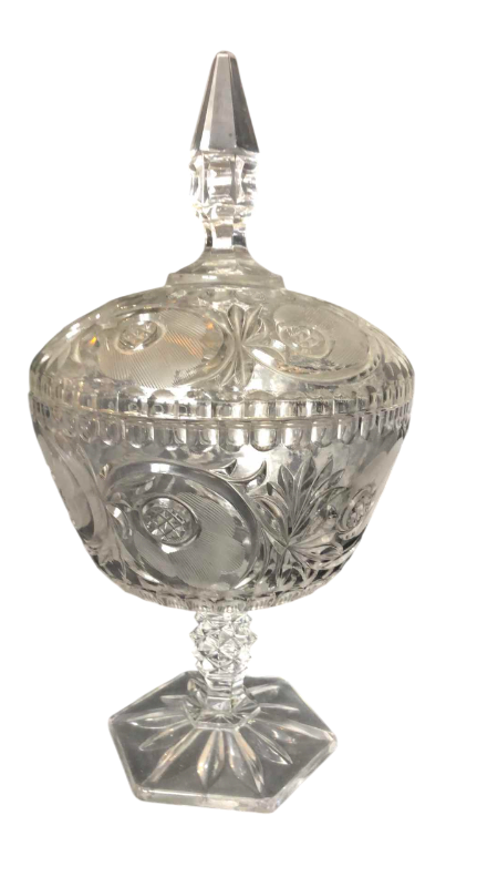 Photo 1 of VINTAGE CUT ETCH LEAD CRYSTAL CLEAR GLASS COVERED PEDESTAL COMPOTE BOWL 12”