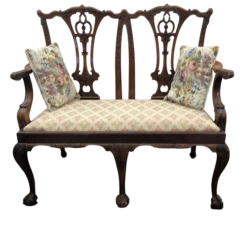 Photo 1 of VINTAGE HAND CARVED CHIPPENDALE MAHOGANY DOUBLE CHAIR SETTLE SEAT WITH CLAW FEET 46” X 21” H 41”