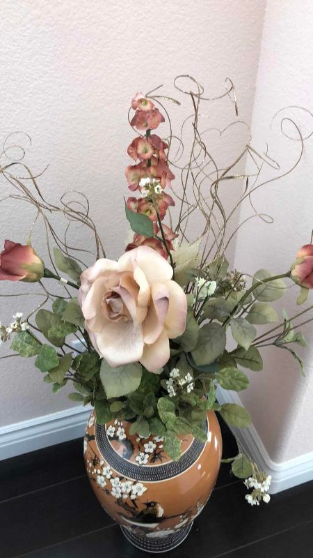 Photo 1 of CLOISONNÉ CERAMIC VASE WITH FLORAL ARRANGEMENT 44”