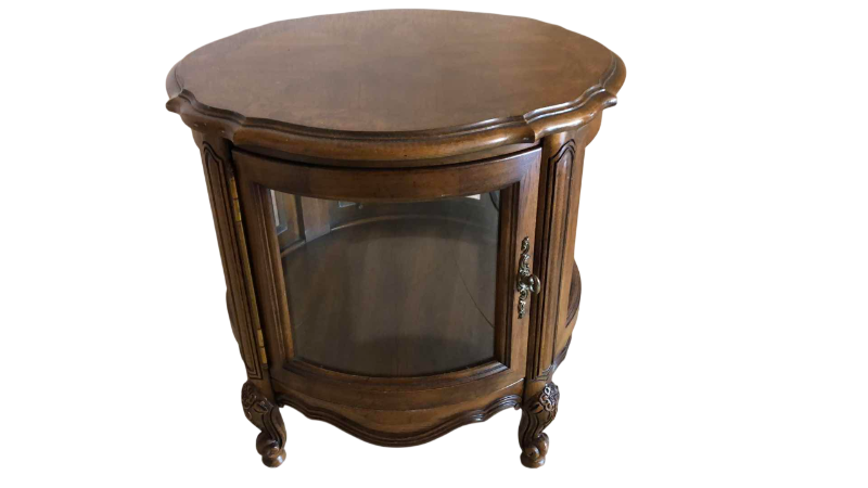 Photo 1 of GORDONS FURNITURE TRADITIONAL STYLE CIRCULAR CURIO SIDE TABLE 24" CIRCUMFERENCE H 22”