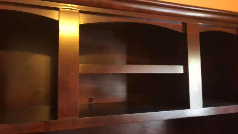 Photo 1 of THREE PIECE WOODEN ENTERTAINMENT CENTER WITH GLASS SHELVES 119” X 19” H 82”