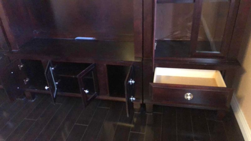 Photo 1 of THREE PIECE WOODEN ENTERTAINMENT CENTER WITH GLASS SHELVES 119” X 19” H 82”