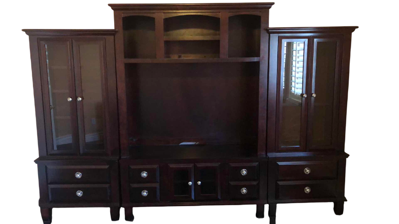 Photo 1 of THREE PIECE WOODEN ENTERTAINMENT CENTER WITH GLASS SHELVES 119” X 19” H 82”