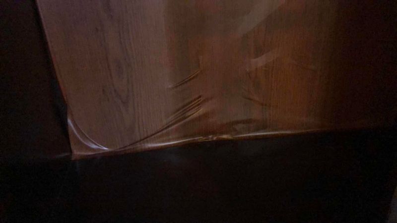 Photo 1 of THREE PIECE WOODEN ENTERTAINMENT CENTER WITH GLASS SHELVES 119” X 19” H 82”