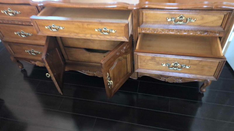 Photo 1 of STANLEY FRENCH PROVINCIAL STYLE TRIPLE DRESSER WITH TRI-FOLD MIRROR 73” X 19” H 84”