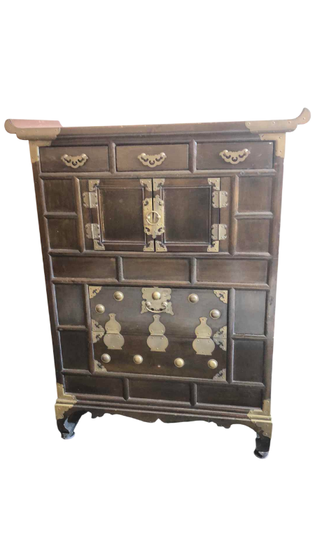 Photo 1 of VINTAGE KOREAN BANDAJI TANSU DOUBLE CHEST CABINET WITH DRAWERS BUTTERFLY BRASS HINGES 27” X 12” H 36”