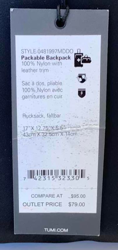 Photo 1 of NWT TUMI PACKAGE BACKPACK