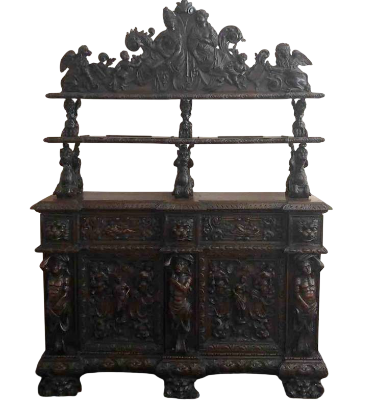Photo 1 of ANTIQUE 19TH CENTURY HAND CARVED WALNUT ITALIAN FIGURAL SIDEBOARD RENAISSANCE VAISSELIER 73" X 27' H 103"