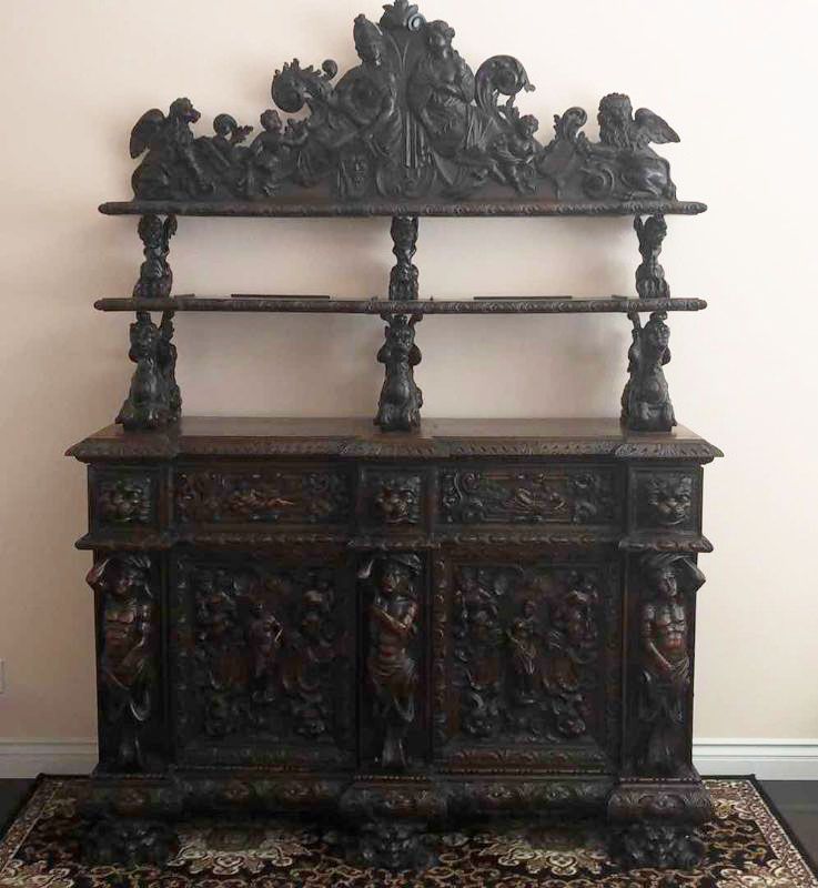 Photo 1 of ANTIQUE 19TH CENTURY HAND CARVED WALNUT ITALIAN FIGURAL SIDEBOARD RENAISSANCE VAISSELIER 73" X 27' H 103"